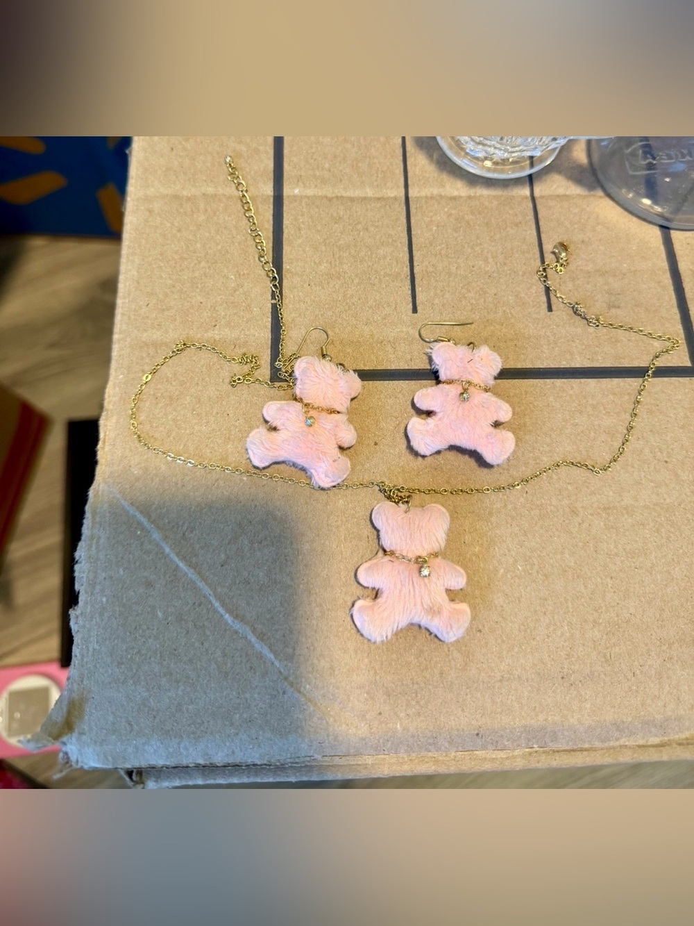 Pink Fuzzy Teddy Bear Jewelry Set - Matching Necklace & Earrings